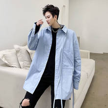 Youthful Men Streetwear Ribbon Casual Loose Long Sleeve Blue Shirt Stage Fashion Show Hip Hop Clothing Male 2024 - buy cheap