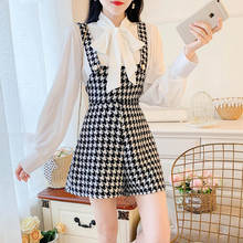 2021 New  Lace Up Bow Collar White Shirt Blouse Fashion Tweed Plaid Wool Suspender Strap Short Houndstooth Two Piece Set Student 2024 - buy cheap