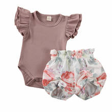 Комплект из 2 предметов; летняя повседневная одежда для малышей; топы с оборками для новорожденных и маленьких девочек; трикотажная футболка и шорты; повязка на голову 2024 - купить недорого