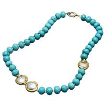 GG Jewelry Natural White Coin Pearl Blue CZ Electroplated Blue Turquoises Chocker Necklace 25" Punk style For Women 2024 - buy cheap