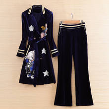 Conjunto de 2 piezas de abrigo bordado para mujer, Top + pantalones azules, traje elegante informal de terciopelo con dibujos animados, S-XL 2024 - compra barato