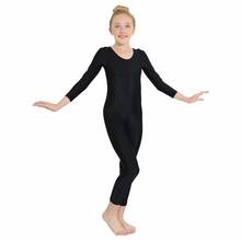 Criança de manga longa ginástica unitards meninas uma peça elastano lycra colher pescoço corpo inteiro unitard preto dança pele collants 2024 - compre barato