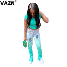 VAZN 2020 New Top Quality Gradient Ramp Cute Two Piece Set Print 2 Piece Set Women Short Sleeve Full Pant Summer Sets 2024 - buy cheap