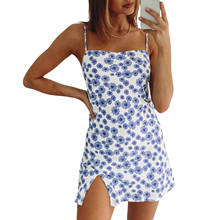 Vestido curto puloru chic, vestido feminino de verão azul floral com alças, sem mangas, bainha com fenda, elegante para festa, roupas de costas nuas 2024 - compre barato