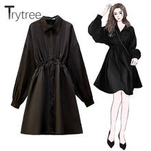 Trytree 2021 primavera outono vestido feminino casual turn-down collar único breasted cintura elástica a linha escritório senhora camisa vestido 2024 - compre barato