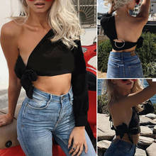 Women Sexy One Shoulder Backless Long Sleeve Black Crop Top Ladies Skew Collar Ring Buckle Lace Up Short Top T Shirt 2024 - buy cheap