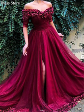 Burgundy Prom Dress 2020 Half Sleeves Off Shoulder Flowers Hem V-neck Tulle Split Sweep Train Evening Dress платья знаменитостей 2024 - buy cheap