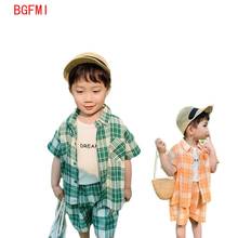 Conjunto de roupa infantil de verão, 2 peças, xadrez de algodão e mangas curtas, estilo inglaterra, meninos e meninas, roupas casuais 2024 - compre barato