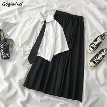Women Sets Short Sleeve Single Breasted T-shirt Mid-calf Solid Skirt Preppy Style Casual Outwear Loose Harajuku Females Summer 2024 - buy cheap