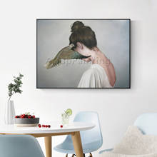 Pintados à mão original pintura a óleo sobre tela mulher potrait e pássaro pintura para sala de estar arte da parede decoração casa 2024 - compre barato