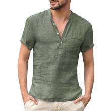 Fashion Casual Men Shirts Solid Color Button V Neck Pocket Linen Short Sleeve Shirt Summer camisas de hombre рубашка мужская2021 2024 - buy cheap