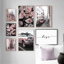 Arte de pared, pintura en lienzo, Edificio del pueblo, Retro, coche, rosa, flor, carteles nórdicos e impresiones, imágenes de pared para decoración de sala de estar 2024 - compra barato