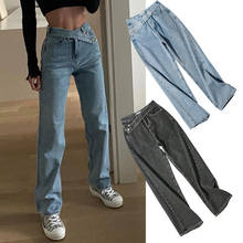 Woman Oblique Belt Jeans High Waist Clothes Wide Leg Denim Clothing Blue Gray Streetwear Vintage Fashion Harajuku Straight Pants 2024 - buy cheap