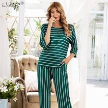 Pijamas femininos conjuntos com calças gola redonda listra pijamas bonito dos desenhos animados topo + calças pijamas senhora roupas de casa 2024 - compre barato