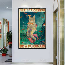 Póster de gato Vintage de In The Sea Of Fish Be A Purrmaid, divertidos estampados de gato, lienzo de Purrmaid, póster para amantes de los gatos, decoración del hogar, arte de pared 2024 - compra barato