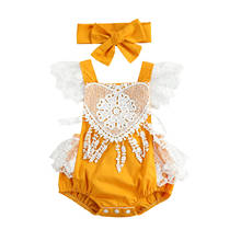 2021 New Infant Girls Bodysuits Flying Sleeve Romper with Bow Hairdress Lace Flower Summer Clothing Yellow 0-18 Years 2024 - buy cheap