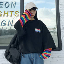 Rainbow Striped T Shirts Fake Two Pieces Long Sleeve Shirt Women Clothes Casual Top Tees Korean Harajuku Big Sizes Lgbt T Shirts 2024 - buy cheap