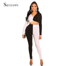 Women's Sexy White and Black Color Block Patchwork Two Piece Sets Autumn Long Sleeve Crop Top and Pants Fashion Co Ords Outfits 2024 - buy cheap