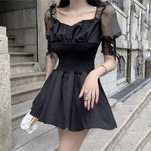 Sexy Off Shoulder Black Dresses Gothic High Waist Lace Up Puff Sleeve Dress Summer 2020 Mini French Romance Casual Dresses Goth 2024 - buy cheap
