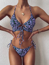 Sexy Low Waist Bikinis 2021 green Leopard Mini Thong Micro Bikini Brazilian Halter Cut Out Bandage Lace Up Bathing Suit Swimwear 2024 - buy cheap