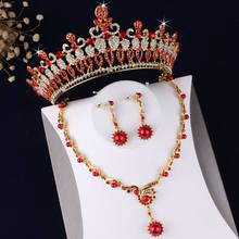 Conjunto de joyería nupcial de oro Vintage barroco, collar de perlas de cristal rojo, pendientes, tiara, conjunto de corona, conjunto de joyas de cuentas africanas para boda 2024 - compra barato