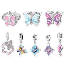 Mikiwuu-abalorio de plata de ley 925 con diseño de mariposa y flores, pendiente fino de zirconia cúbica, colorido, compatible con Pulsera Original 2024 - compra barato