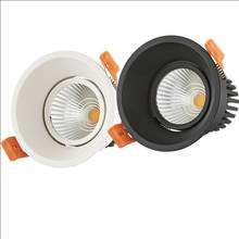 Luminária led dimerizável, cob, 7w, 10w, 12w, embutida, de teto, iluminação interior, preto/branco