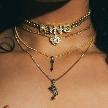 Conjunto de colares punk para mulheres, 4 tamanhos, coroa, flecha, cabeça, cristal, king, letras, colar multicamadas, bijuterias femininos, boate, moda 2024 - compre barato