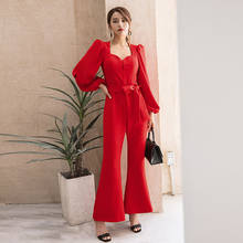 YIGELILA Fashion Women Red Flare Jumpsuit Office Lady Lantern Sleeve Jumpsuit With Belt Solid Boot Cut Jumpsuit 5987 2024 - buy cheap