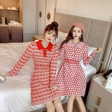 2020 Autumn Women Vintage Red Love Heart Knitted Dresses Ladies Fashion Elegant Casual Long Sleeve Midi Sweater Dress Vestidos 2024 - buy cheap