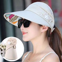 Hot summer sun hat with pearl adjustable big heads wide-brimmed beach hat UV protection packable sun visor hat with 2024 - buy cheap