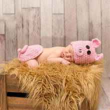 Adereços para fotografia de bebê recém-nascido, gorro bonito de crochê com tecido rosa porco + calça infantil, fantasia fotográfica, acessórios de roupas 2024 - compre barato