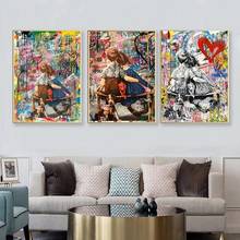 Arte bansky grafite colorido para parede, quadros de parede pintura de tela de menino e menina impressões de arte de parede para sala de estar e casa 2024 - compre barato