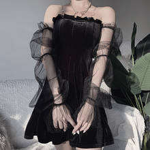 Gótico vestido sexy vintage fora do ombro lanter manga malha retalhos vestido de veludo rua escura vestido preto para o sexo feminino 2024 - compre barato