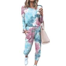2Pcs Women pant suits Tie Dye Jogger Suit Long Sleeve Round Neck Pants Sleepwear Loungewear two piece set vetement femme 2021 2024 - buy cheap