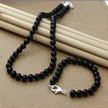 New 8mm Black Agate Beaded Chain 925 Silver Lobster Clasp Necklace Bracelet Set For Female Wedding Engagement Jewelry 2024 - buy cheap