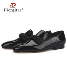 Piergitar 2019 New Black and Navy patent leather men loafers with black string Handmade Party and Banquet men's smoking slippers 2024 - buy cheap