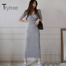 Trytree 2020 Summer Women Casual Dress V-neck Solid Folds Dress Slim fit Knitting Temperament Elegant Mid-Calf Office Lady Dress 2024 - buy cheap