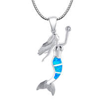 Blue Fire Opal Mermaid Sterling Sliver Pendants Necklace For Women PMT16041701 2024 - buy cheap