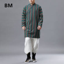 Chinese Style Shirts Spring Autumn Long Sleeves Cotton Linen Shirt Striped Belt Hanfu Retro V-neck Tang Suit Tops Men 2024 - buy cheap