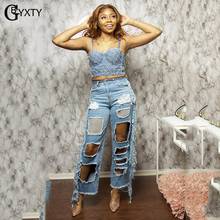 GBYXTY Diamonds Straight Distressed Denim Pants Women Streetwear High Waist Ripped Holes Cut Out Fringed Tassel Jeans ZL908 2024 - buy cheap