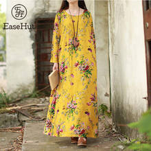 EaseHut Vintage Women Maxi Floral Dress Plus Size Long Sleeves Pockets O Neck Cotton Linen Loose Robe Femme Dresses Vestidos 2024 - buy cheap