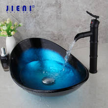 JIENI Blue Tempered Glass Basin Sink Faucet Vessel Drain Combo Set Matte Black Mixer Faucet Counter Top Round Tap Bathroom Basin 2024 - buy cheap