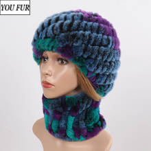 Conjunto de bufandas de piel de conejo Rex para mujer, conjunto de gorro cálido Natural, bufanda de invierno 2024 - compra barato