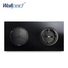 Interruptor de parede wallpad com tomada alemã, interruptor com indicador led, painel de metal de alumínio, 3 gang, 2 direções