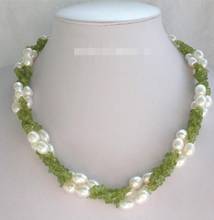 Fashion jewelry Free Shipping  stunning 3rows 11mm rice white freshwater pearls green peridot necklace 2024 - buy cheap