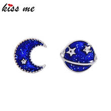 Kissme-pendientes asimétricos únicos para mujer, aretes de esmalte azul oscuro, Luna, Planeta, Estrella, Color oro blanco, Nueva joyería de moda 2024 - compra barato