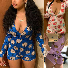 Mulheres Sexy Manga Comprida Bodycon Romper Macacão Clube Senhora Calças Curtas Pijamas Homewear Pijama Collant Top Roupas Impressos 2024 - compre barato