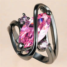 Anel de noivado feminino, anel vintage de pedra de cristal rosa, 14k, preto e dourado, para mulheres, luxo, noiva, folha, zircônia 2024 - compre barato