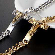 Cross Charm Mens Bracelet Chain Crucifix Jesus Christ Curb Cuban Link Stainless Steel Gold Bracelets for Men 20.5cm 2024 - buy cheap